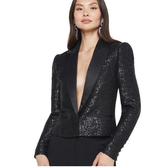 L'Agence Kenzie Black Sequin Blazer with Satin Lapels sz 8 - Picture 3 of 9